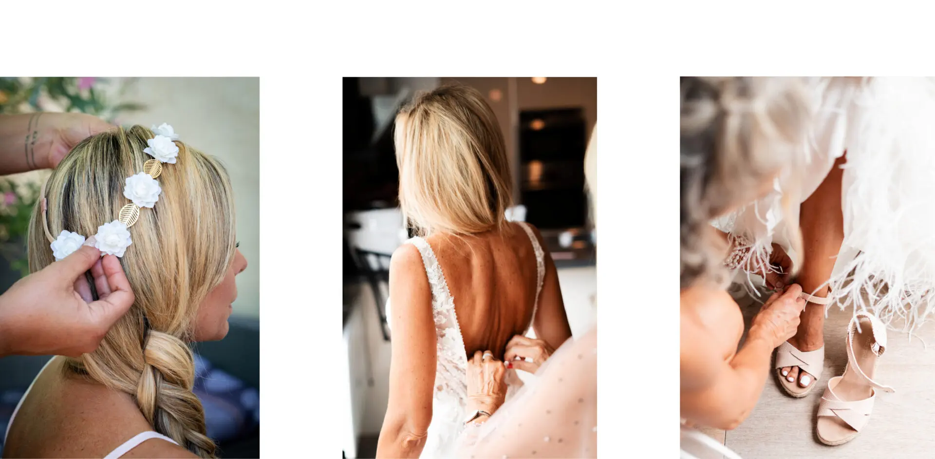 Avant le mariage, le photographe immortalise la préparation de la mariée à son domicile. Elle enfile sa robe.